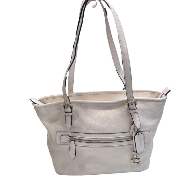 COACH Pebble Leather Taylor Medium Tote C Dangle Charm Chalk EUC - Picture 1 of 16